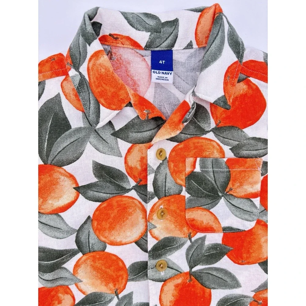 Old Navy Button Down Shirt Linen Blend Boys 4T Orange Tree Print Ivory